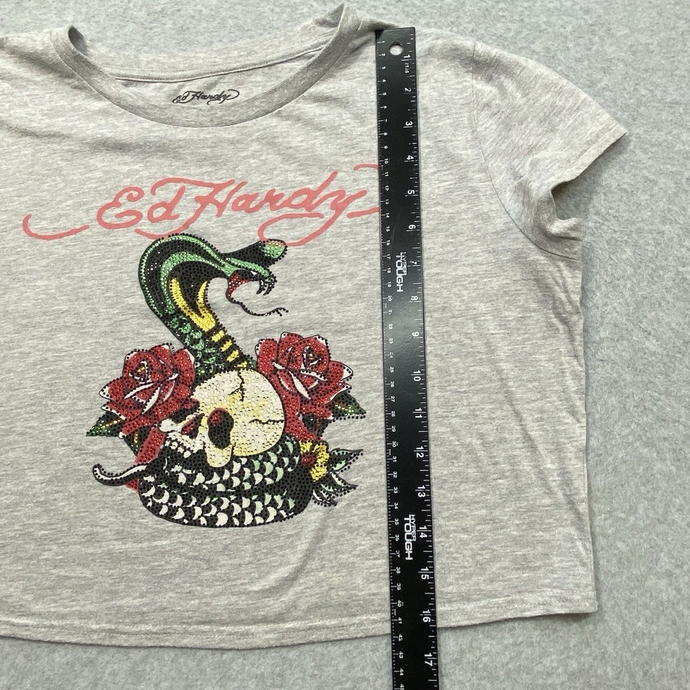 Y2K Ed Hardy Grey Crop Top Women's Sz XL Graphic Double Sided Snake And Skull - Picture 7 of 8